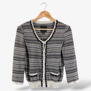 Mcginn Black Stripe Cardigan Size S Linen Blend Chain Accent Preppy Academia